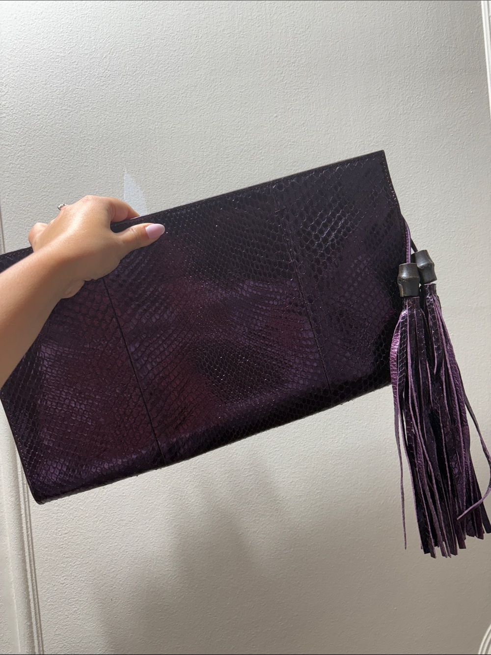 Gucci Deep Purple Snake-Embossed Tassel Clutch